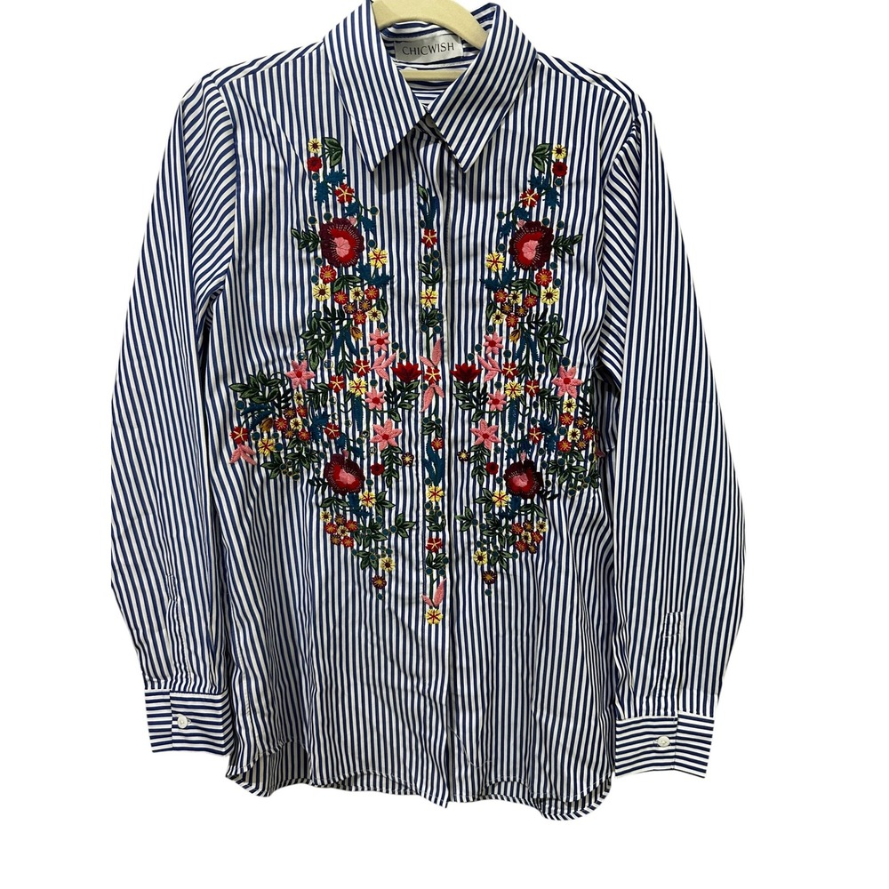 Chicwish Blue White Striped Floral Embroidered Button Down Shirt Long Sleeve M